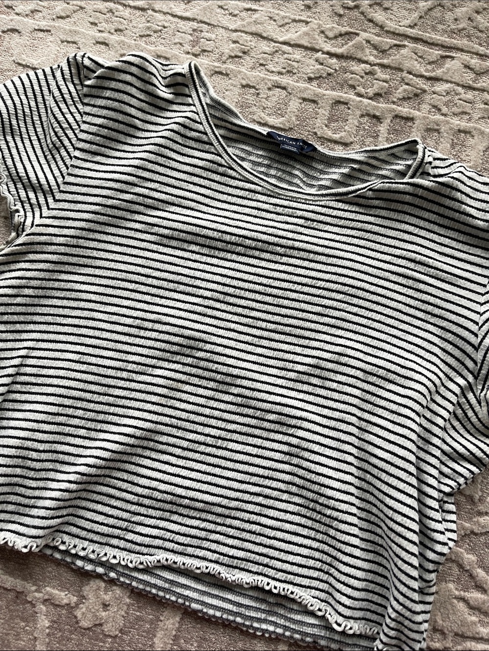 American Eagle Striped Black & White Ribbed Ruffle Crop Top — Women’s Casual Tee